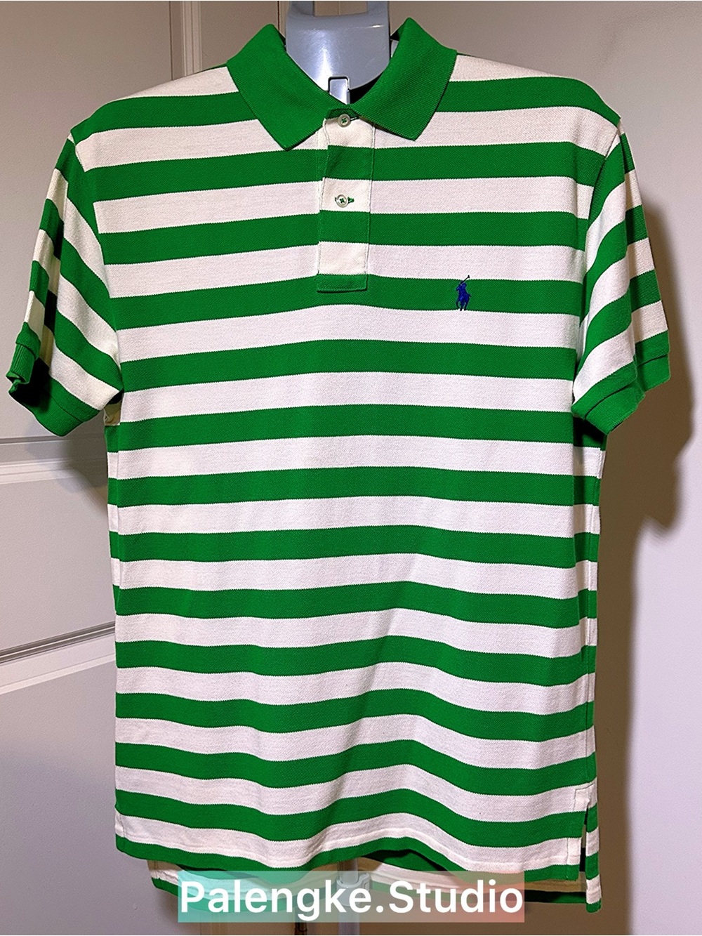 Ralph Lauren Green and White Striped Polo with Blue Pony
